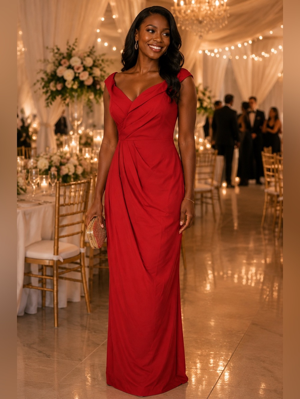 City Chic Red Cap-Sleeve Draped Maxi Dress
